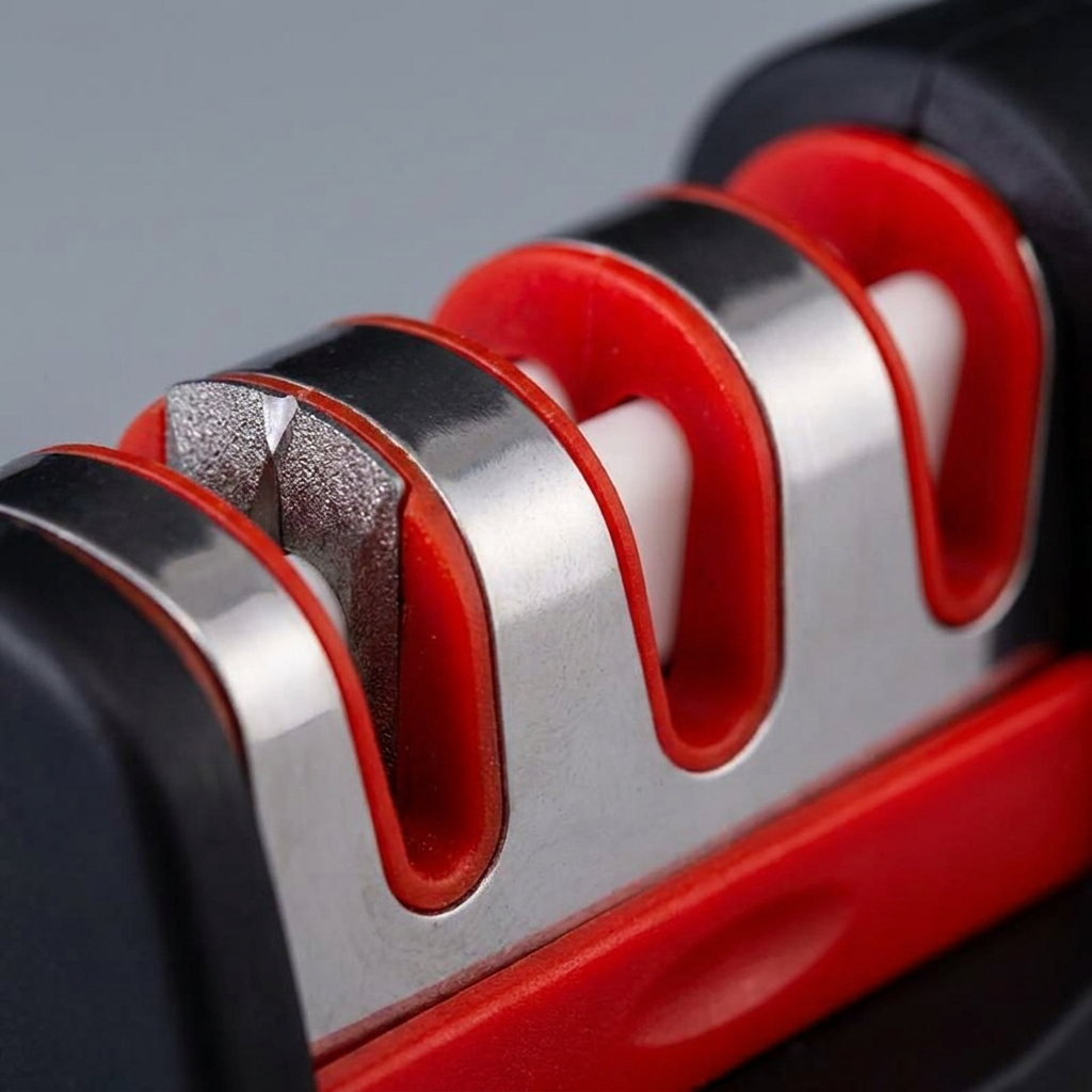 Afilador de cuchillos 3 en 1 - mango rojo, 3 segmentos - primer plano de las ranuras de afilado