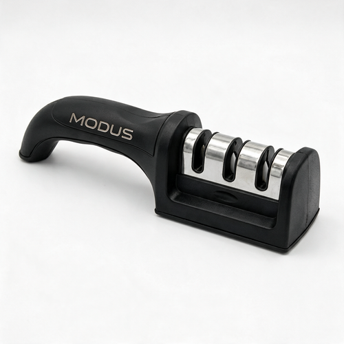 Afilador de cuchillos 4 en 1 - mango negro, 4 segmentos - foto de estudio con marca MODUS